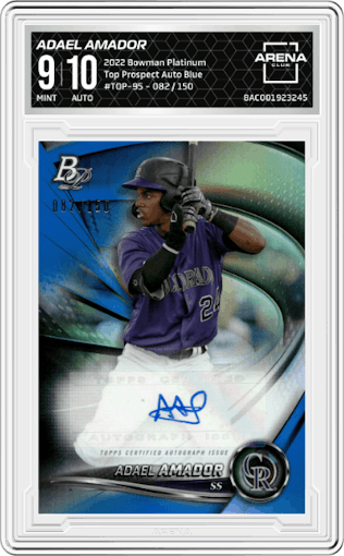 Adael Amador from the 2022 Bowman Platinum set featuring a Blue parallel graded by Arena Club and given an overall grade of 9.