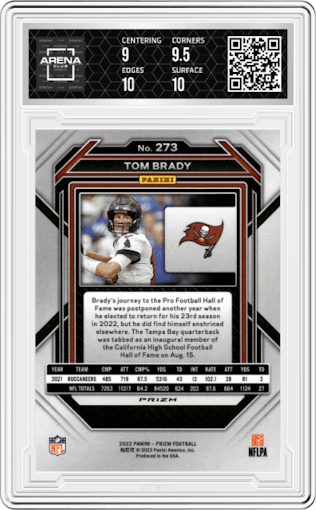 Tom Brady from the 2022 Panini Prizm set featuring a Green Prizm parallel graded by Arena Club and given an overall grade of 9.5.