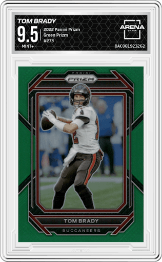 Tom Brady from the 2022 Panini Prizm set featuring a Green Prizm parallel graded by Arena Club and given an overall grade of 9.5.