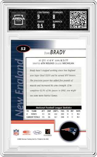 Tom Brady from the 2002 Leaf Certified set graded by Arena Club and given an overall grade of 8.5.