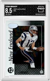 Tom Brady from the 2002 Leaf Certified set graded by Arena Club and given an overall grade of 8.5.