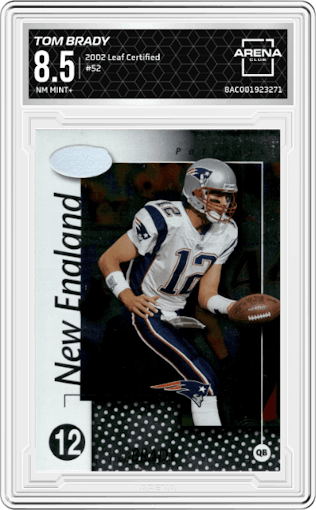 Tom Brady from the 2002 Leaf Certified set graded by Arena Club and given an overall grade of 8.5.