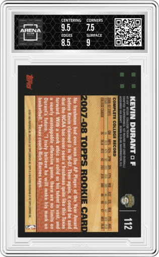 Kevin Durant from the 2007-08 Topps set graded by Arena Club and given an overall grade of 8.