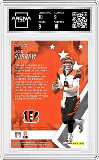 Joe Burrow from the 2020 Panini Rookies & Stars set graded by Arena Club and given an overall grade of 9.5.
