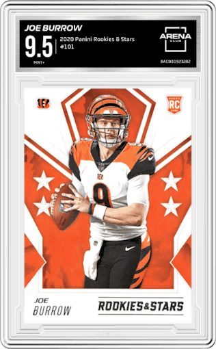 Joe Burrow from the 2020 Panini Rookies & Stars set graded by Arena Club and given an overall grade of 9.5.