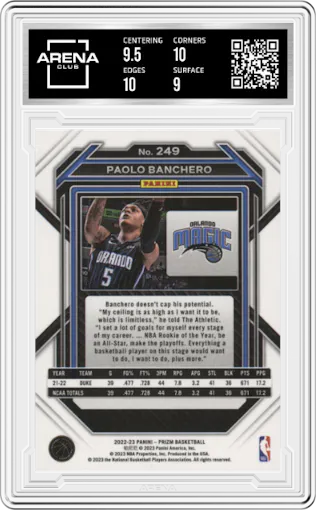 Paolo Banchero from the 2022-23 Panini Prizm  set graded by Arena Club and given an overall grade of 9.5.