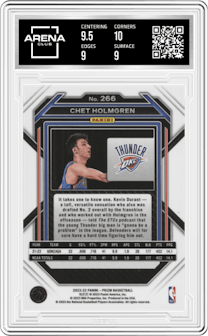 Chet Holmgren from the 2022-23 Panini Prizm  set graded by Arena Club and given an overall grade of 9.5.