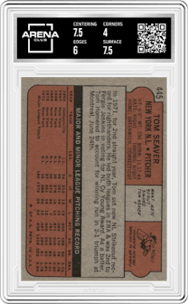 Tom Seaver from the 1972 Topps set graded by Arena Club and given an overall grade of 4.5.
