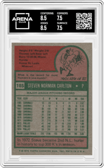 Steve Carlton from the 1975 Topps set graded by Arena Club and given an overall grade of 8.