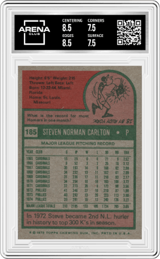 Steve Carlton from the 1975 Topps set graded by Arena Club and given an overall grade of 8.