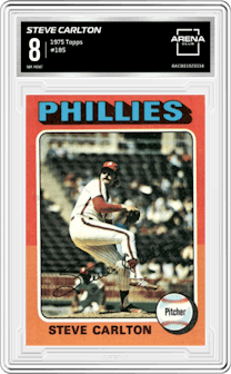 Steve Carlton from the 1975 Topps set graded by Arena Club and given an overall grade of 8.