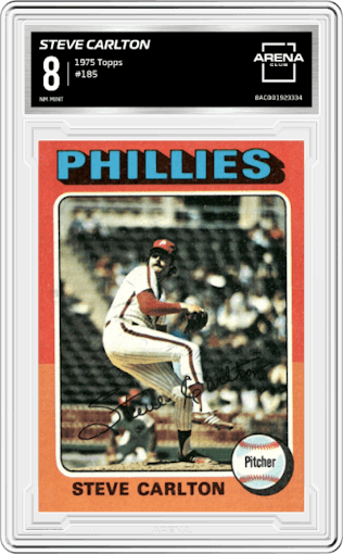 Steve Carlton from the 1975 Topps set graded by Arena Club and given an overall grade of 8.