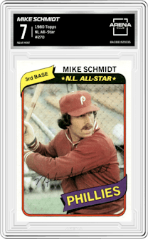 Mike Schmidt from the 1980 Topps set graded by Arena Club and given an overall grade of 7.