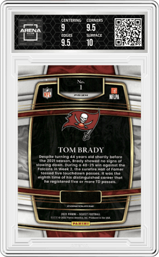 Tom Brady from the 2021 Panini Select set featuring a Silver Prizm parallel graded by Arena Club and given an overall grade of 9.5.