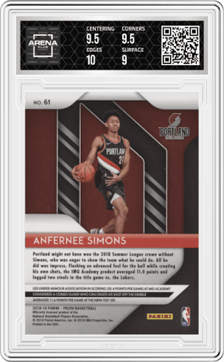 Anfernee Simons from the 2018-19 Panini Prizm set graded by Arena Club and given an overall grade of 9.5.