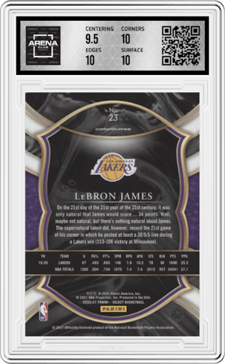 LeBron James from the 2020-21 Panini Select  set graded by Arena Club and given an overall grade of 10.