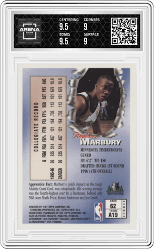 Stephon Marbury from the 1996-97 Topps Finest set graded by Arena Club and given an overall grade of 9.5.