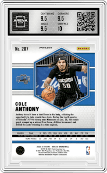 Cole Anthony from the 2020-21 Panini Mosaic set featuring a Choice Red/Green parallel graded by Arena Club and given an overall grade of 10.