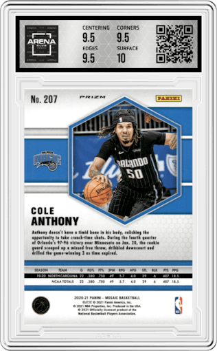 Cole Anthony from the 2020-21 Panini Mosaic set featuring a Choice Red/Green parallel graded by Arena Club and given an overall grade of 10.