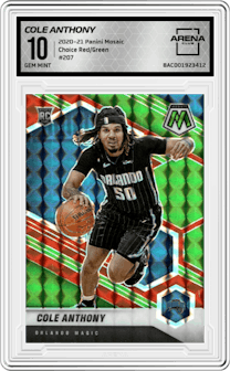 Cole Anthony from the 2020-21 Panini Mosaic set featuring a Choice Red/Green parallel graded by Arena Club and given an overall grade of 10.