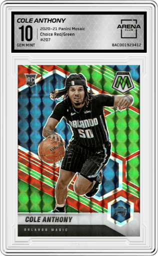 Cole Anthony from the 2020-21 Panini Mosaic set featuring a Choice Red/Green parallel graded by Arena Club and given an overall grade of 10.