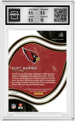 Kurt Warner from the 2020 Panini Select set featuring a Silver Prizm parallel graded by Arena Club and given an overall grade of 10.