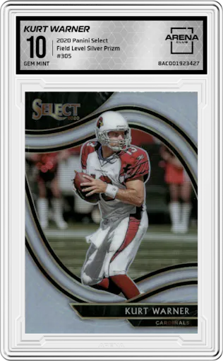 Kurt Warner from the 2020 Panini Select set featuring a Silver Prizm parallel graded by Arena Club and given an overall grade of 10.