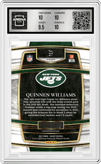 Quinnen Williams from the 2021 Panini Select set featuring a Blue Prizm parallel graded by Arena Club and given an overall grade of 10.