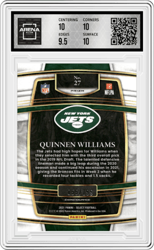Quinnen Williams from the 2021 Panini Select set featuring a Blue Prizm parallel graded by Arena Club and given an overall grade of 10.
