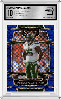 Quinnen Williams from the 2021 Panini Select set featuring a Blue Prizm parallel graded by Arena Club and given an overall grade of 10.