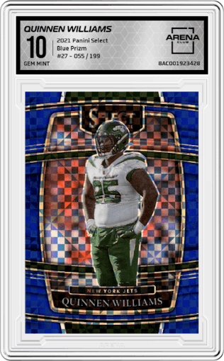 Quinnen Williams from the 2021 Panini Select set featuring a Blue Prizm parallel graded by Arena Club and given an overall grade of 10.