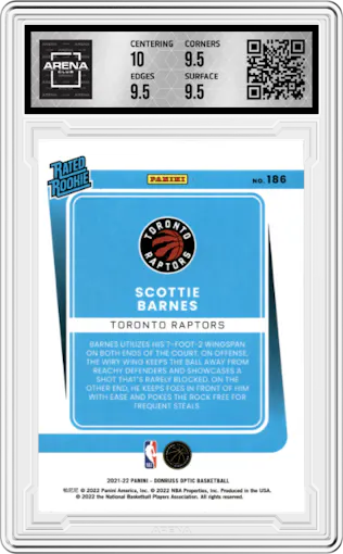 Scottie Barnes from the 2021-22 Panini Donruss Optic set graded by Arena Club and given an overall grade of 10.