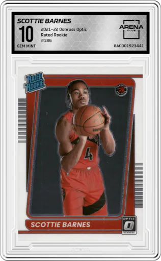 Scottie Barnes from the 2021-22 Panini Donruss Optic set graded by Arena Club and given an overall grade of 10.
