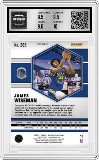 James Wiseman from the 2020-21 Panini Mosaic set featuring a Choice Red & Green parallel graded by Arena Club and given an overall grade of 10.