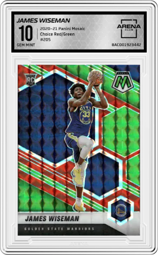 James Wiseman from the 2020-21 Panini Mosaic set featuring a Choice Red & Green parallel graded by Arena Club and given an overall grade of 10.