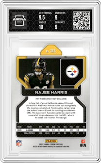 Najee Harris from the 2021 Panini Prizm set graded by Arena Club and given an overall grade of 9.5.