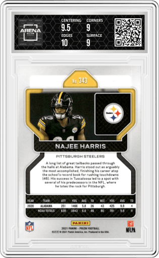 Najee Harris from the 2021 Panini Prizm set graded by Arena Club and given an overall grade of 9.5.