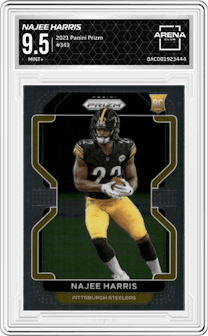 Najee Harris from the 2021 Panini Prizm set graded by Arena Club and given an overall grade of 9.5.