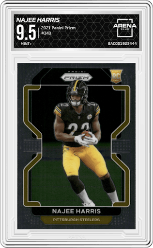 Najee Harris from the 2021 Panini Prizm set graded by Arena Club and given an overall grade of 9.5.
