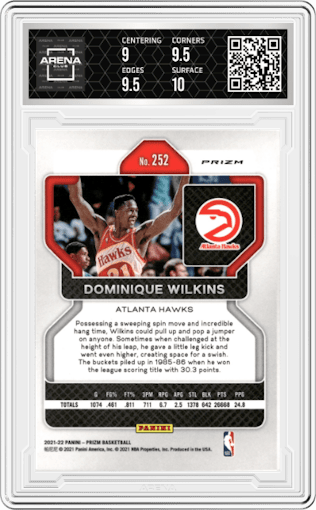 Dominique Wilkins from the 2021-22 Panini Prizm  set featuring a Choice Blue/Yellow/Green parallel graded by Arena Club and given an overall grade of 9.5.