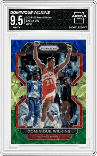 Dominique Wilkins from the 2021-22 Panini Prizm  set featuring a Choice Blue/Yellow/Green parallel graded by Arena Club and given an overall grade of 9.5.