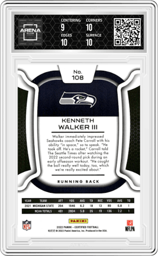 Kenneth Walker III from the 2022 Panini Certified set featuring a Mirror Teal parallel graded by Arena Club and given an overall grade of 9.5.