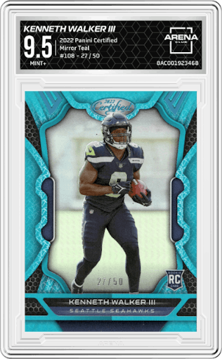 Kenneth Walker III from the 2022 Panini Certified set featuring a Mirror Teal parallel graded by Arena Club and given an overall grade of 9.5.