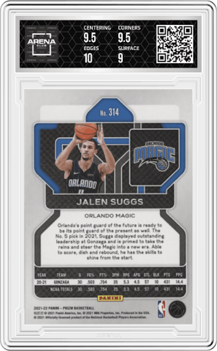 Jalen Suggs from the 2021-22 Panini Prizm  set graded by Arena Club and given an overall grade of 9.5.