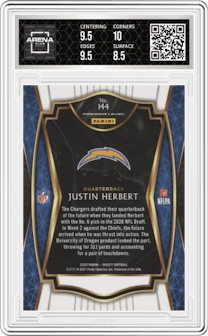 Justin Herbert from the 2020 Panini Select set graded by Arena Club and given an overall grade of 9.