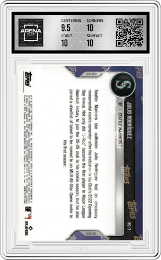 Julio Rodriguez from the 2022 Topps Now Offseason set graded by Arena Club and given an overall grade of 10.