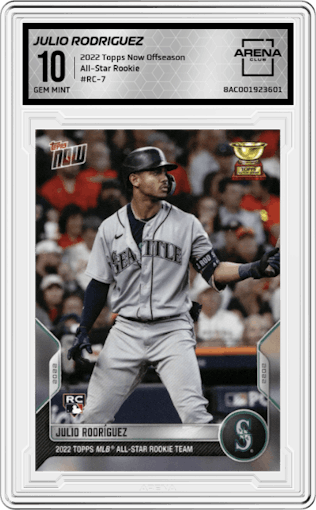 Julio Rodriguez from the 2022 Topps Now Offseason set graded by Arena Club and given an overall grade of 10.