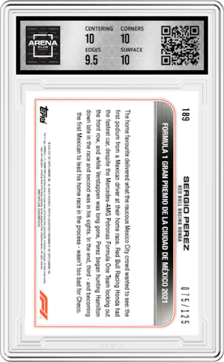 Sergio Perez from the 2022 Topps F1 set featuring a Yellow parallel graded by Arena Club and given an overall grade of 10.