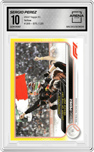 Sergio Perez from the 2022 Topps F1 set featuring a Yellow parallel graded by Arena Club and given an overall grade of 10.