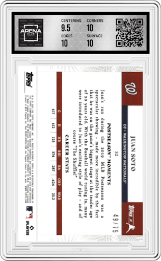 Juan Soto from the 2022 Topps X Juan Soto set featuring a Green parallel graded by Arena Club and given an overall grade of 10.